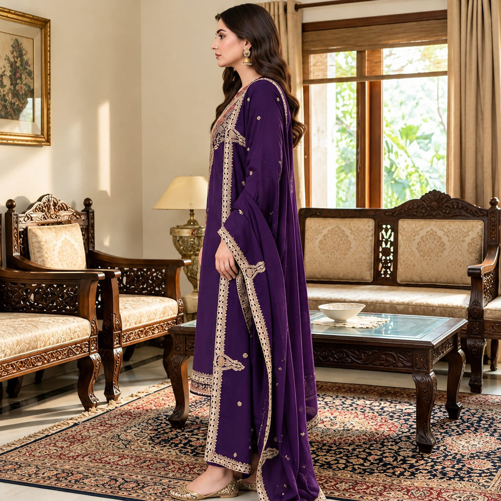 Women's Plum Purple Embroidered 3-Piece unstitch Suit with Dupatta