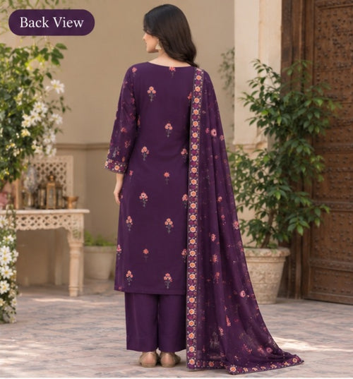 Women's Deep Purple Floral Embroidered 3-Piece Suit with Dupatta-unstitch