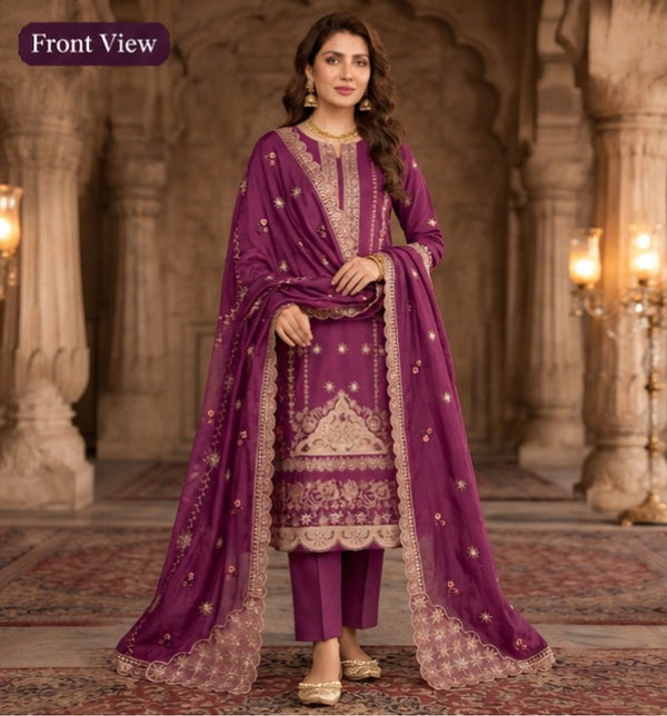 Women's Deep Plum Embroidered 3-Piece  unstitch Suit with Dupatta
