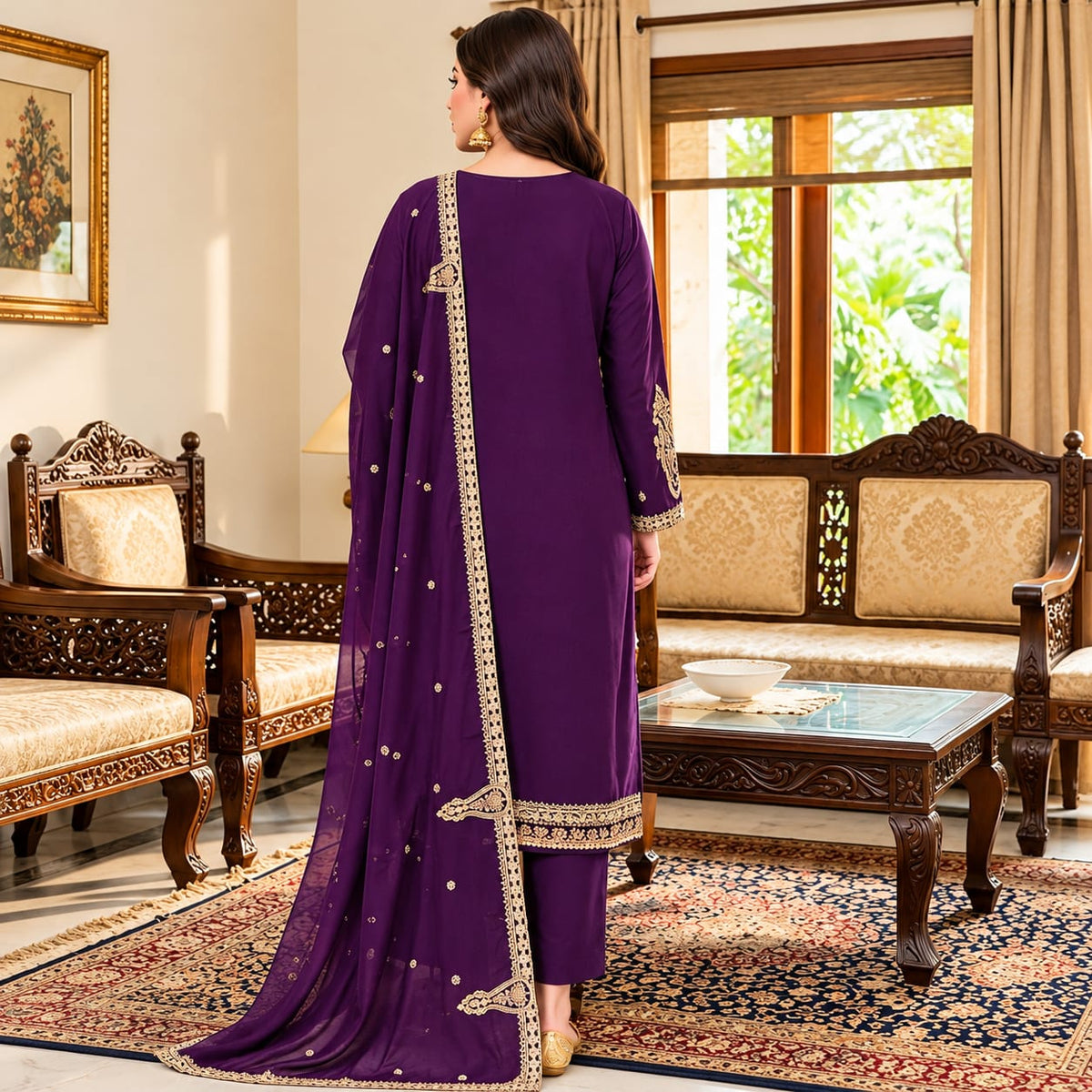 Women's Plum Purple Embroidered 3-Piece unstitch Suit with Dupatta