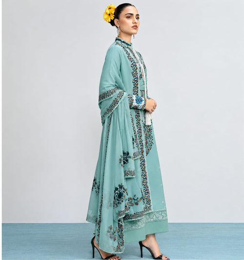 Women's Mint Green Embroidered 3-Piece unstitch Suit with Dupatta