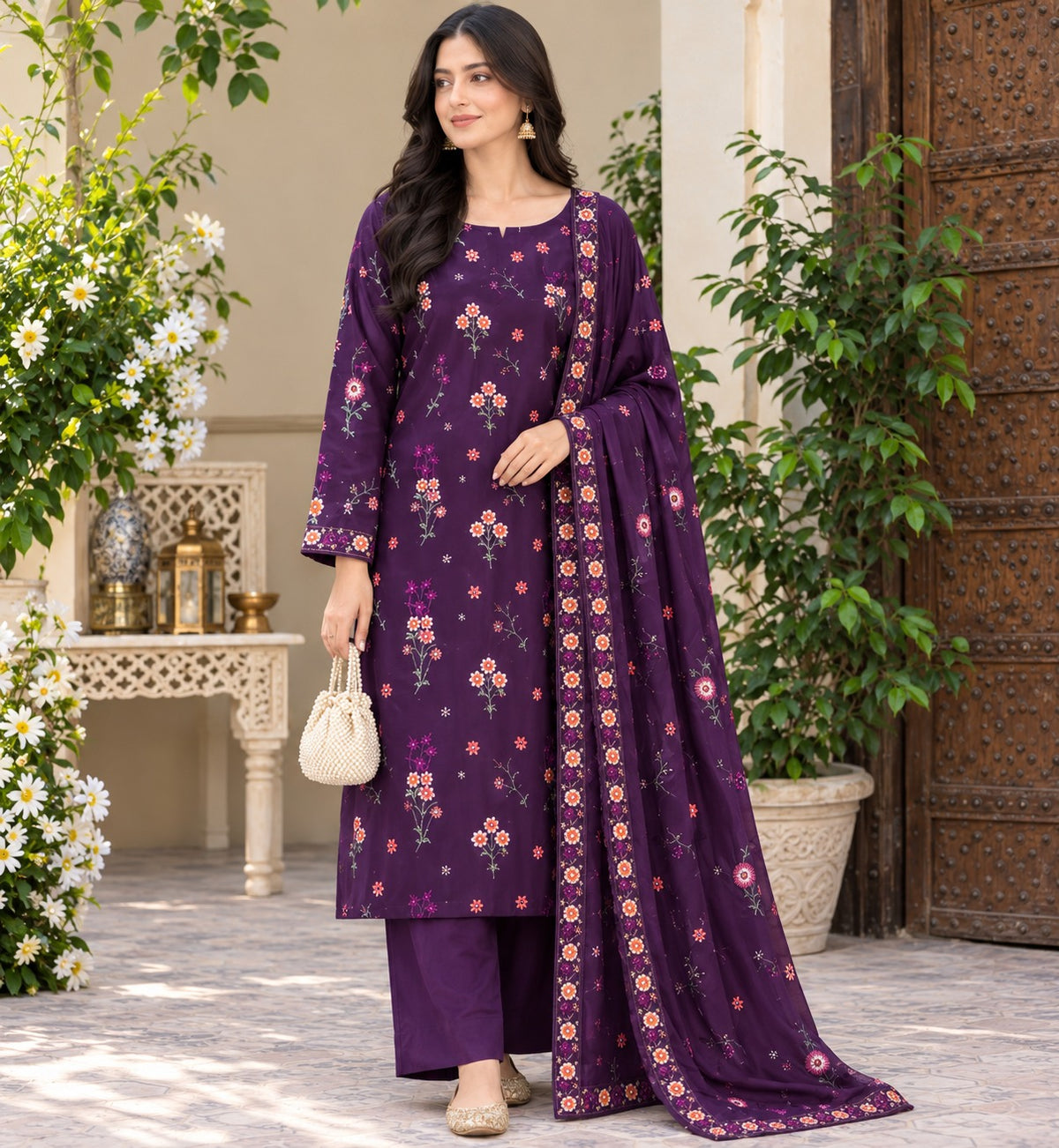 Women's Deep Purple Floral Embroidered 3-Piece Suit with Dupatta-unstitch