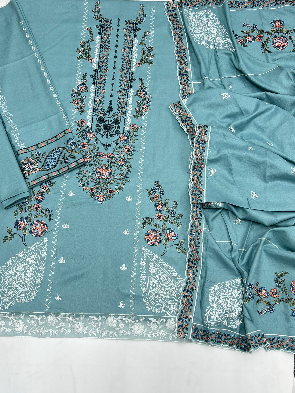 Women's Mint Green Embroidered 3-Piece unstitch Suit with Dupatta