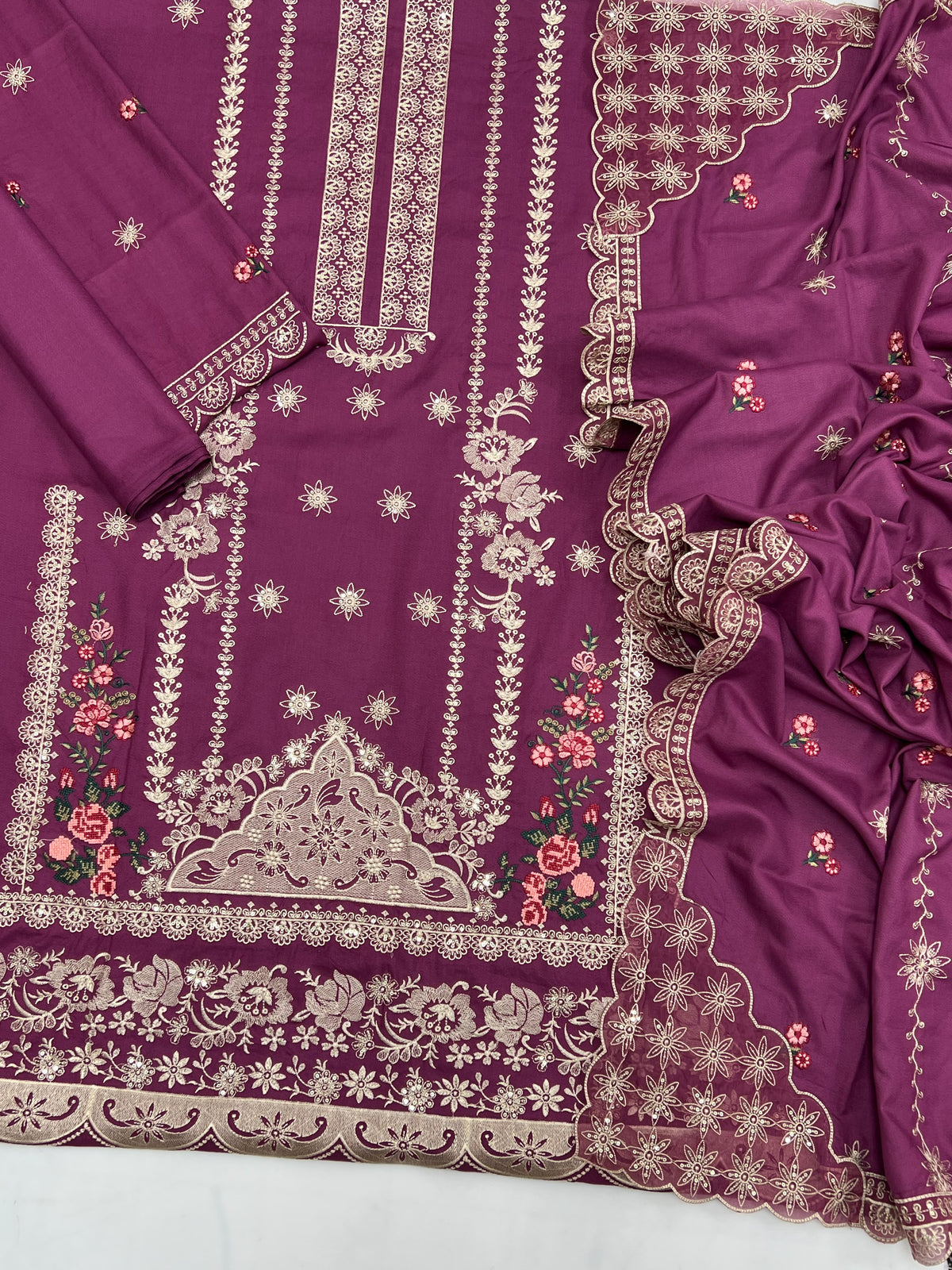 Women's Deep Plum Embroidered 3-Piece  unstitch Suit with Dupatta