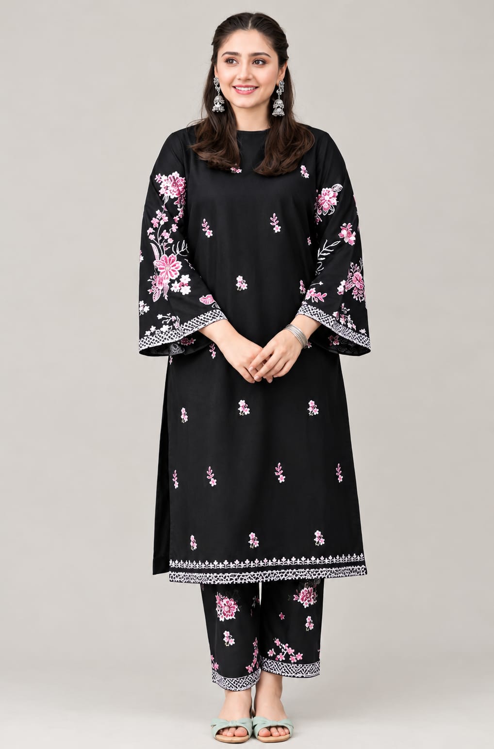 Women's Black Floral Embroidered 2-Piece Suit – Saira Collection - unstitch