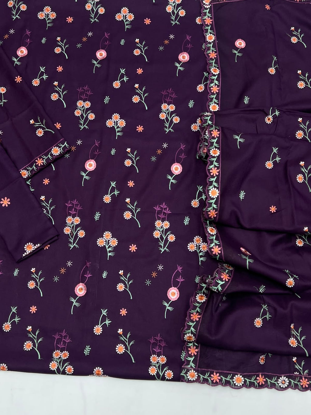 Women's Deep Purple Floral Embroidered 3-Piece Suit with Dupatta-unstitch