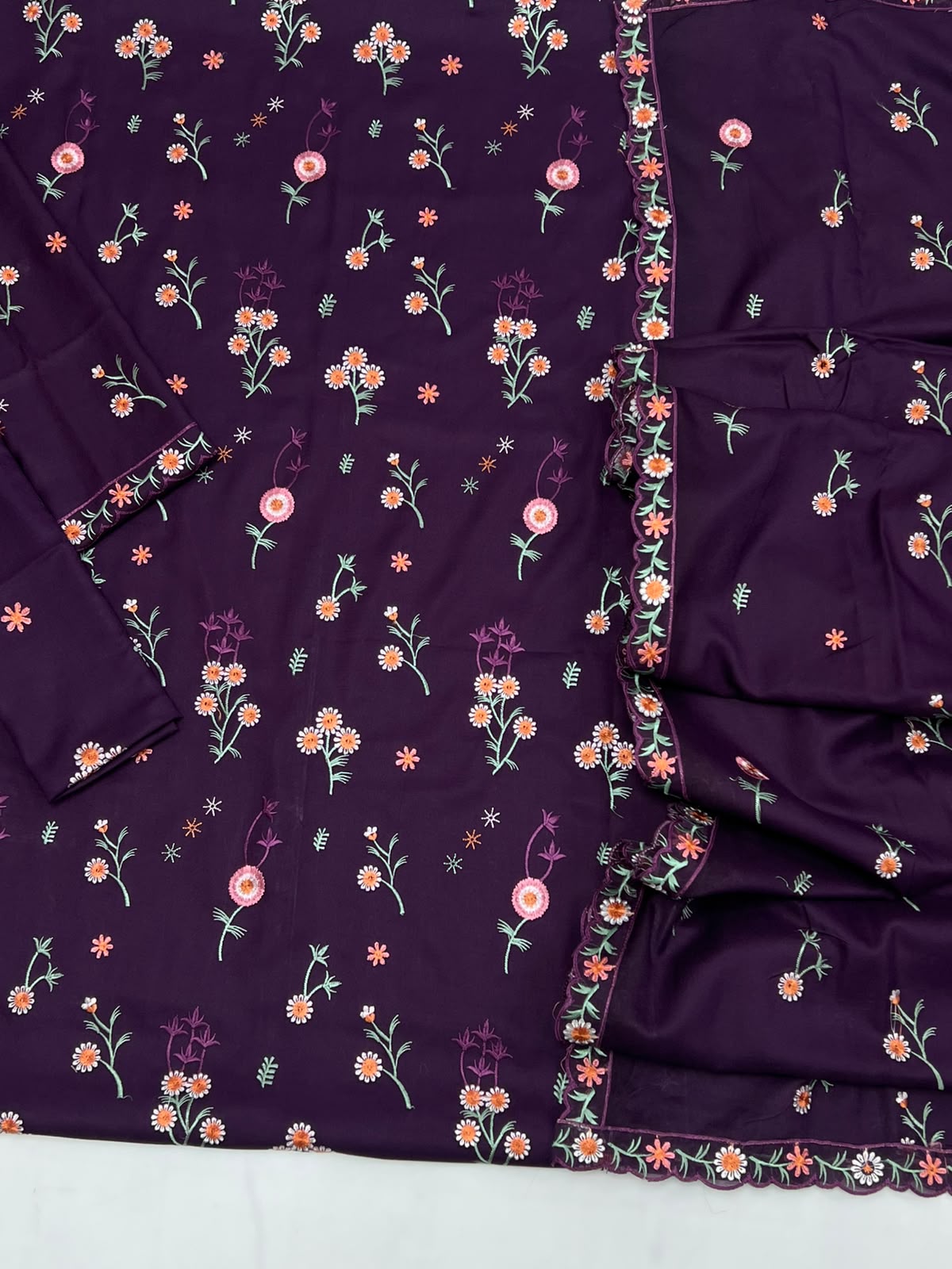 Women's Deep Purple Floral Embroidered 3-Piece Suit with Dupatta-unstitch