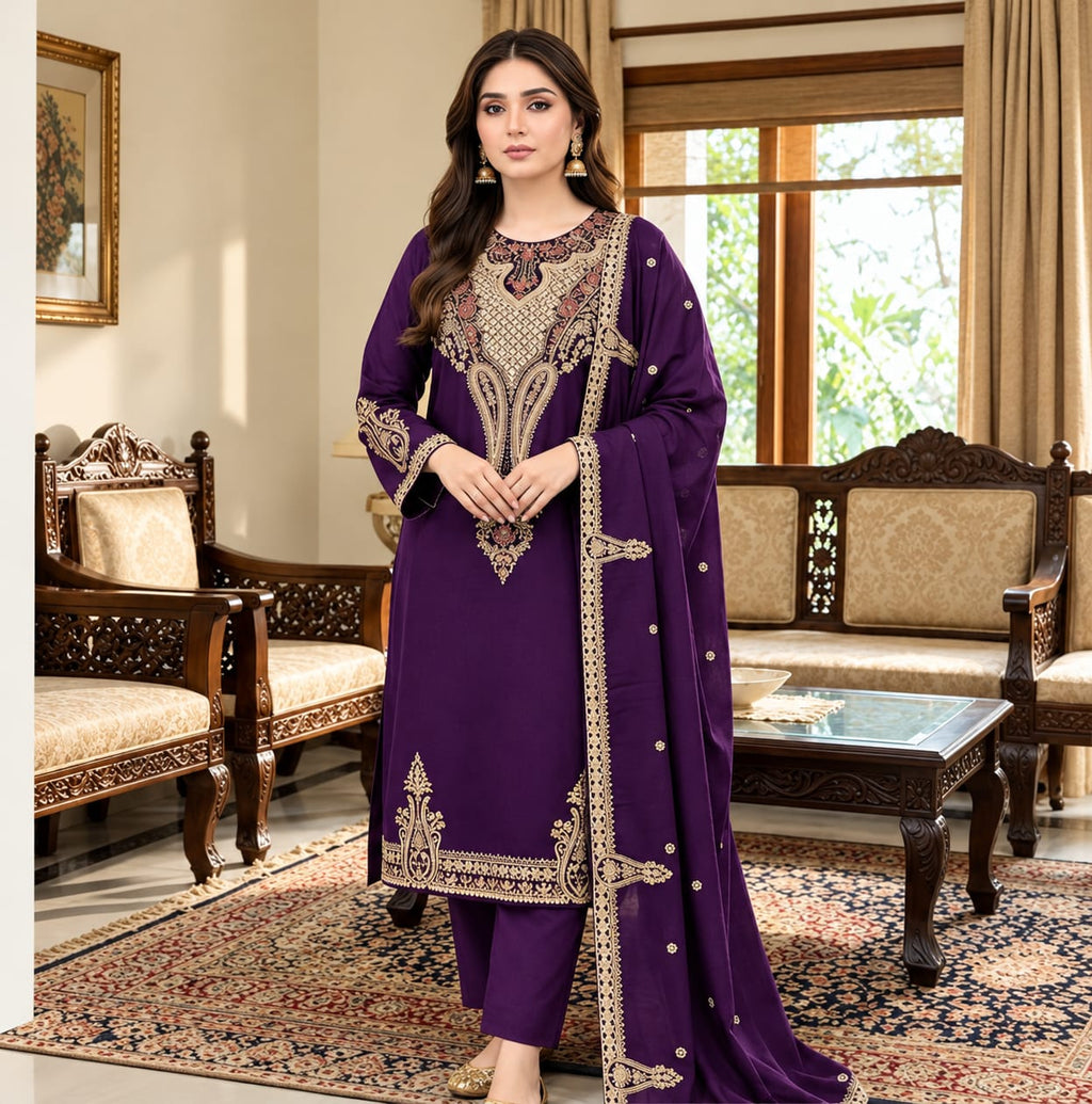 Women's Plum Purple Embroidered 3-Piece unstitch Suit with Dupatta