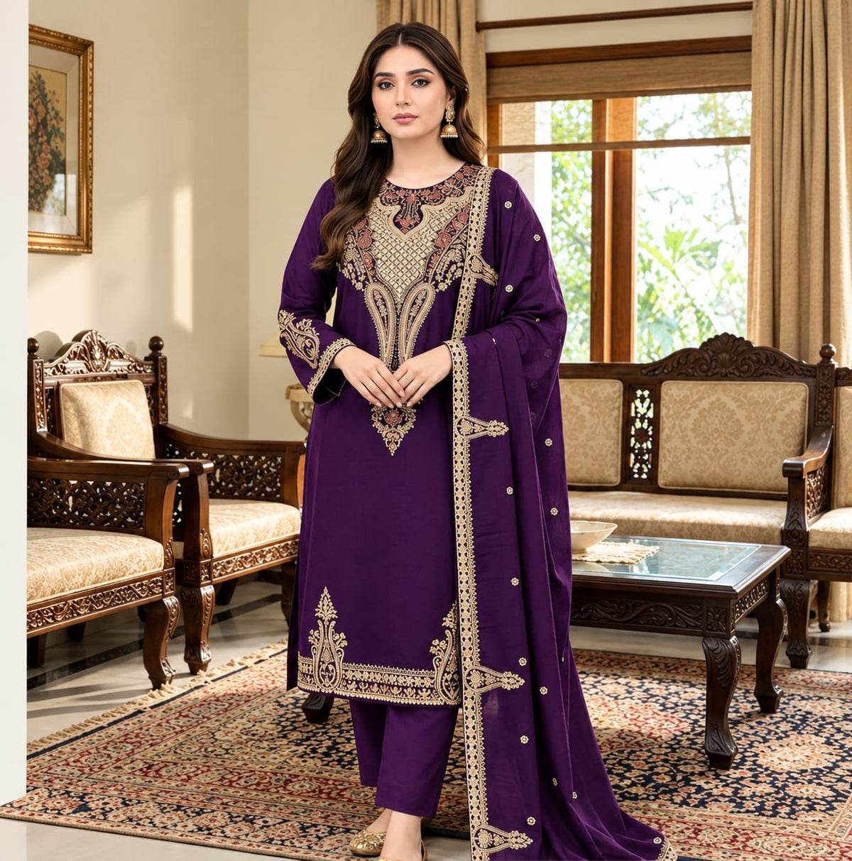 Women's Plum Purple Embroidered 3-Piece unstitch Suit with Dupatta
