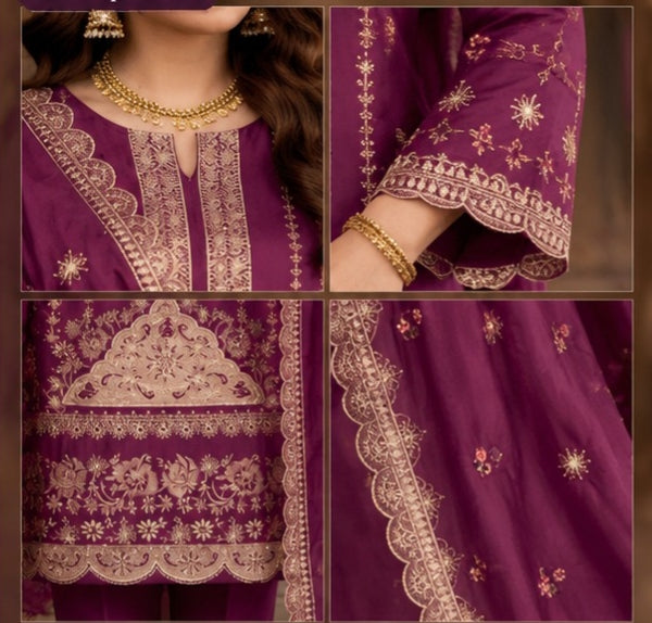 Women's Deep Plum Embroidered 3-Piece  unstitch Suit with Dupatta