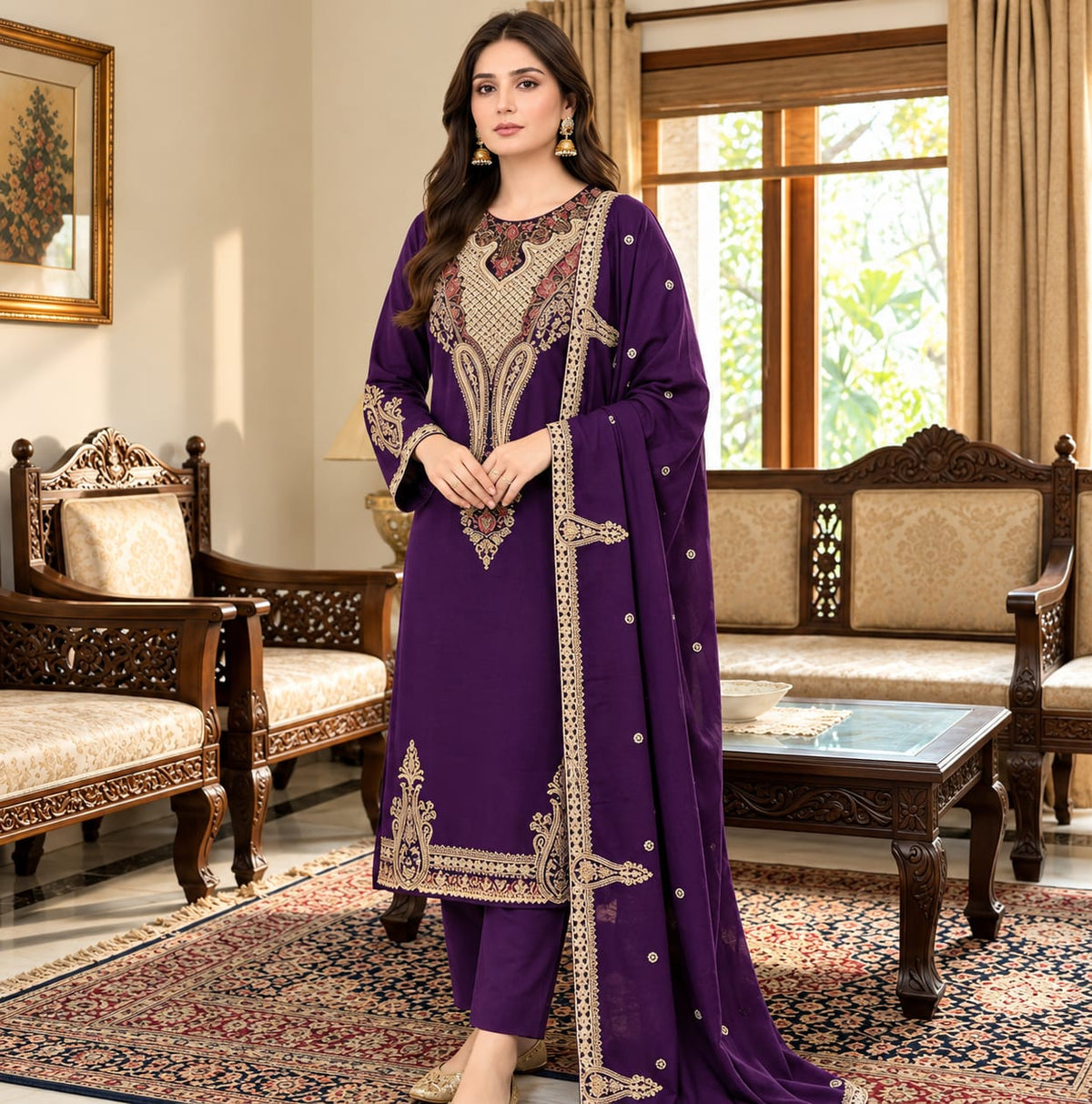 Women's Plum Purple Embroidered 3-Piece unstitch Suit with Dupatta